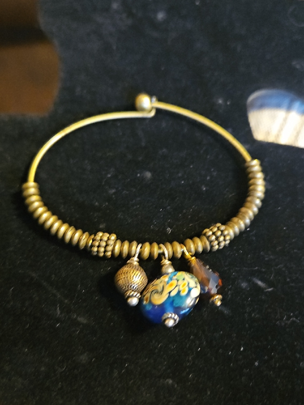 Brass Beaded Bali Beads Bangle Bracelet with Chec Blue Floral Glass Charm